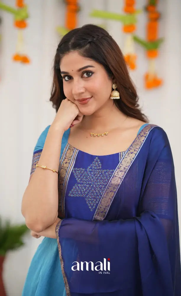 Chettinad Cotton Anarkali - Sky Blue and Dark Blue Anarkalis