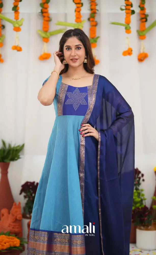 Chettinad Cotton Anarkali - Sky Blue and Dark Blue Anarkalis
