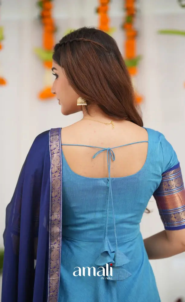 Chettinad Cotton Anarkali - Sky Blue and Dark Blue Anarkalis