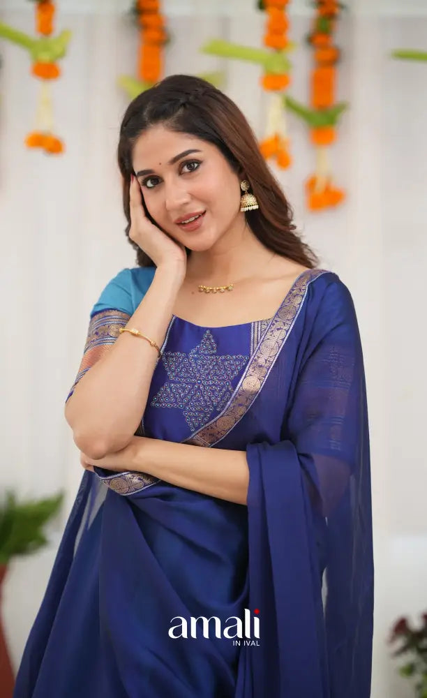 Chettinad Cotton Anarkali - Sky Blue and Dark Blue Anarkalis