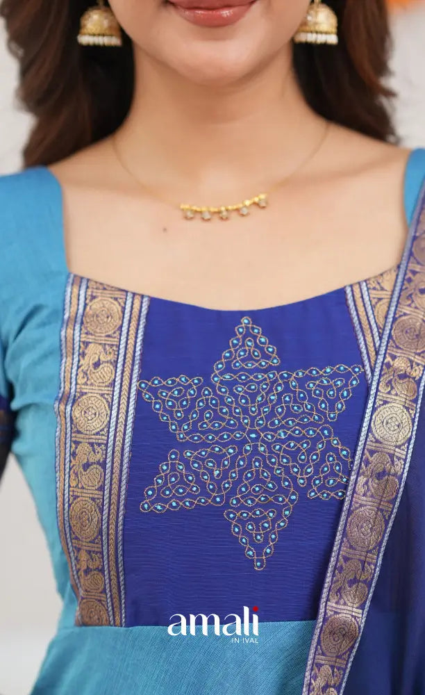 Chettinad Cotton Anarkali - Sky Blue and Dark Blue Anarkalis