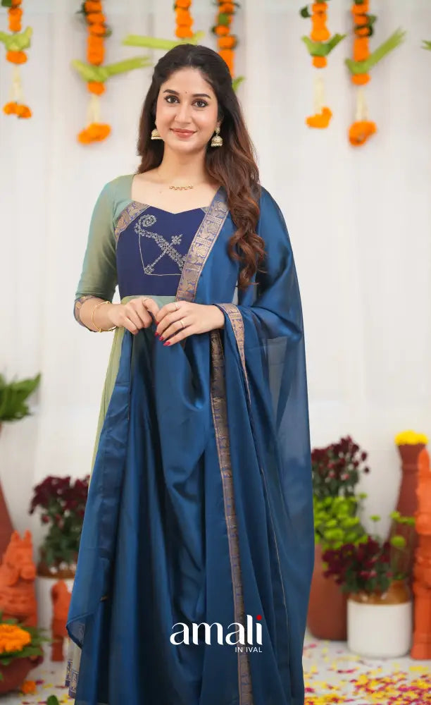 Chettinad Cotton Anarkali - Two Tone Sea Blue and Blue Anarkalis