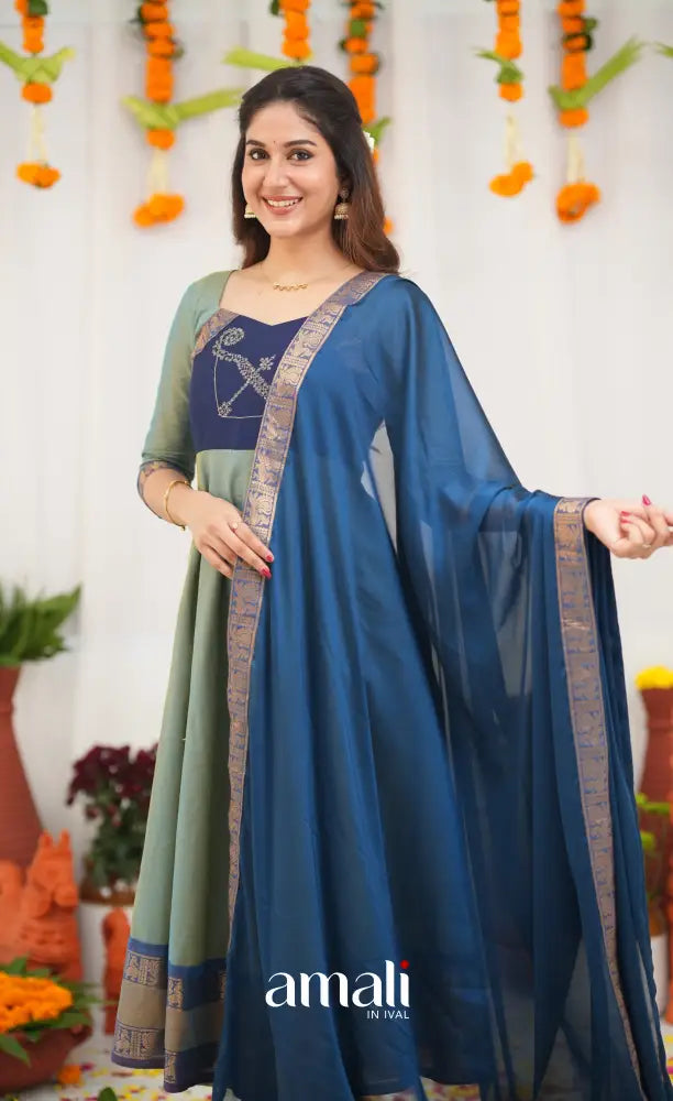 Chettinad Cotton Anarkali - Two Tone Sea Blue and Blue Anarkalis