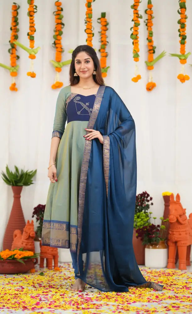 Chettinad Cotton Anarkali - Two Tone Sea Blue and Blue Anarkalis