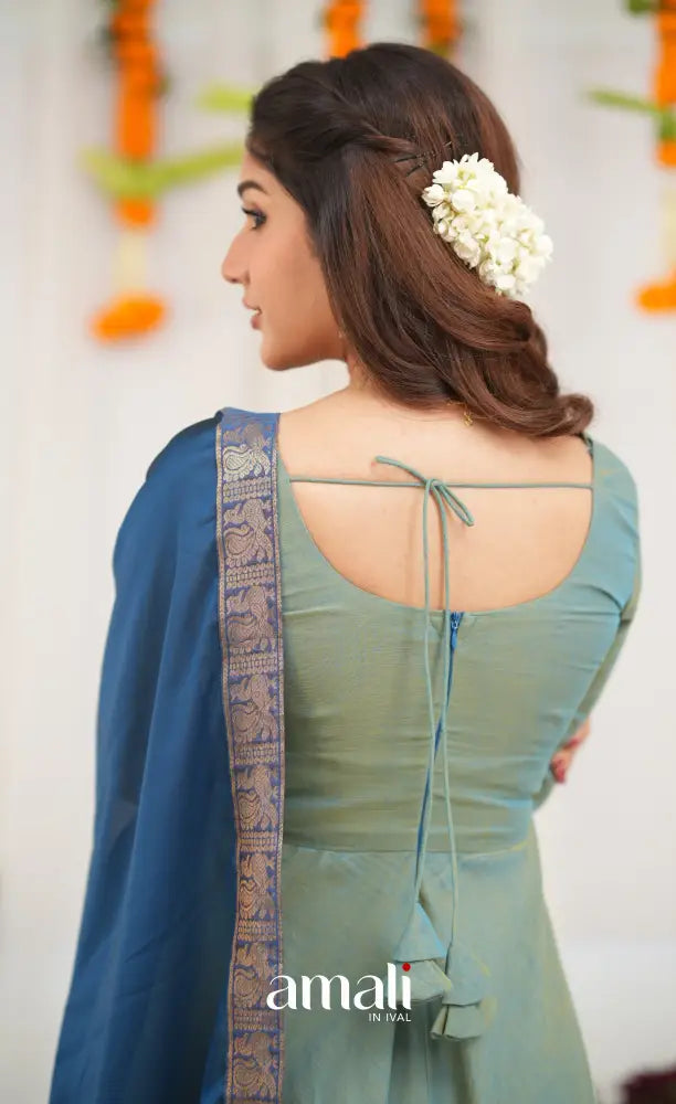 Chettinad Cotton Anarkali - Two Tone Sea Blue and Blue Anarkalis