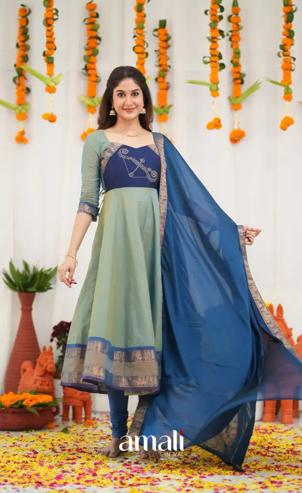 Chettinad Cotton Anarkali - Two Tone Sea Blue and Blue Anarkalis