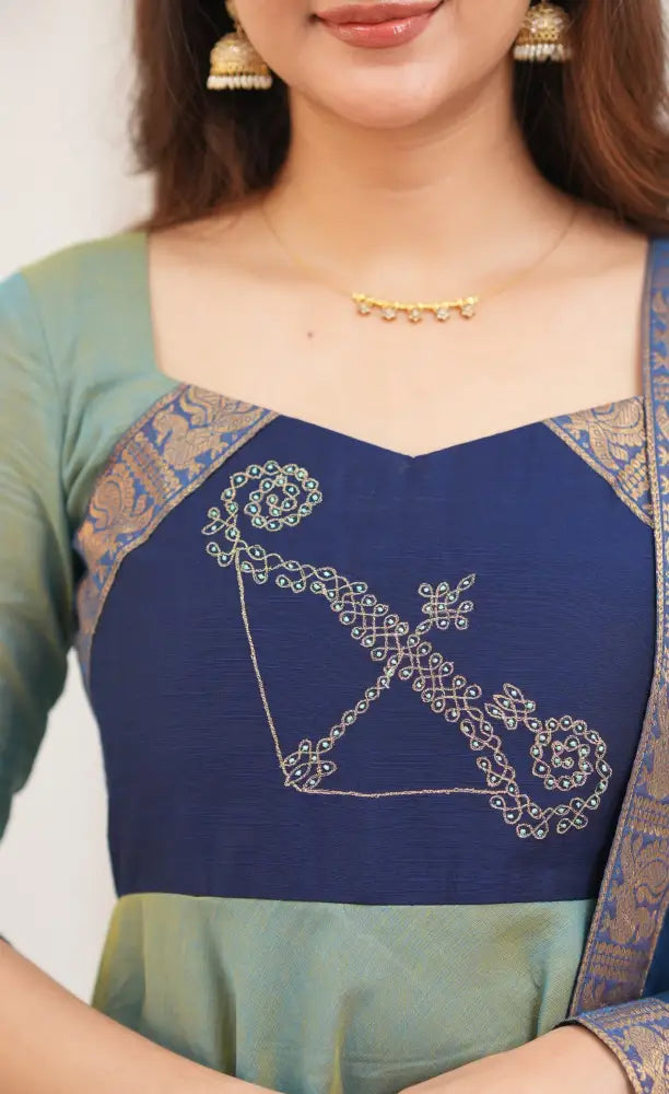 Chettinad Cotton Anarkali - Two Tone Sea Blue and Blue Anarkalis