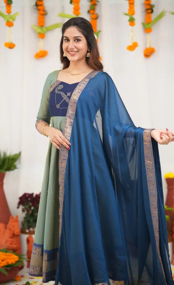 Chettinad Cotton Anarkali - Two Tone Sea Blue and Blue Anarkalis