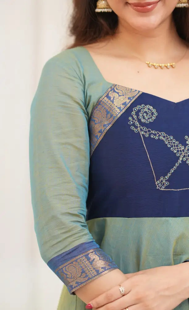 Chettinad Cotton Anarkali - Two Tone Sea Blue and Blue Anarkalis