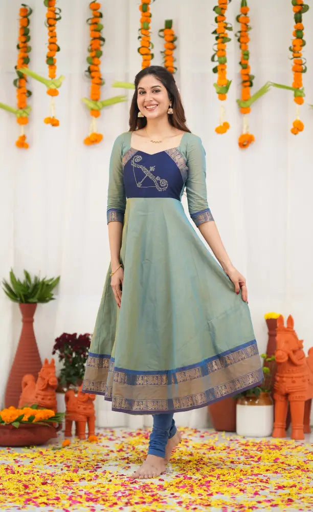 Chettinad Cotton Anarkali - Two Tone Sea Blue and Blue Anarkalis