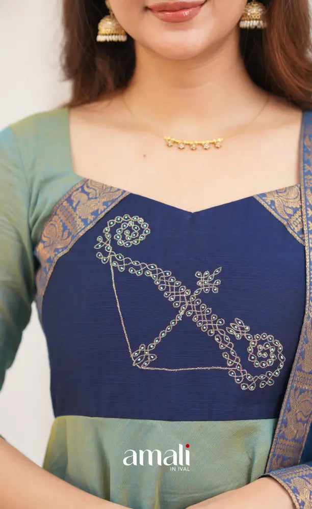 Chettinad Cotton Anarkali - Two Tone Sea Blue and Blue Anarkalis