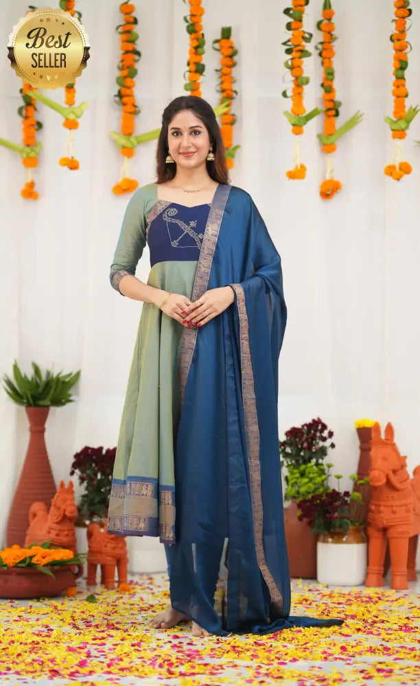 Chettinad Cotton Anarkali - Two Tone Sea Blue and Blue Anarkalis