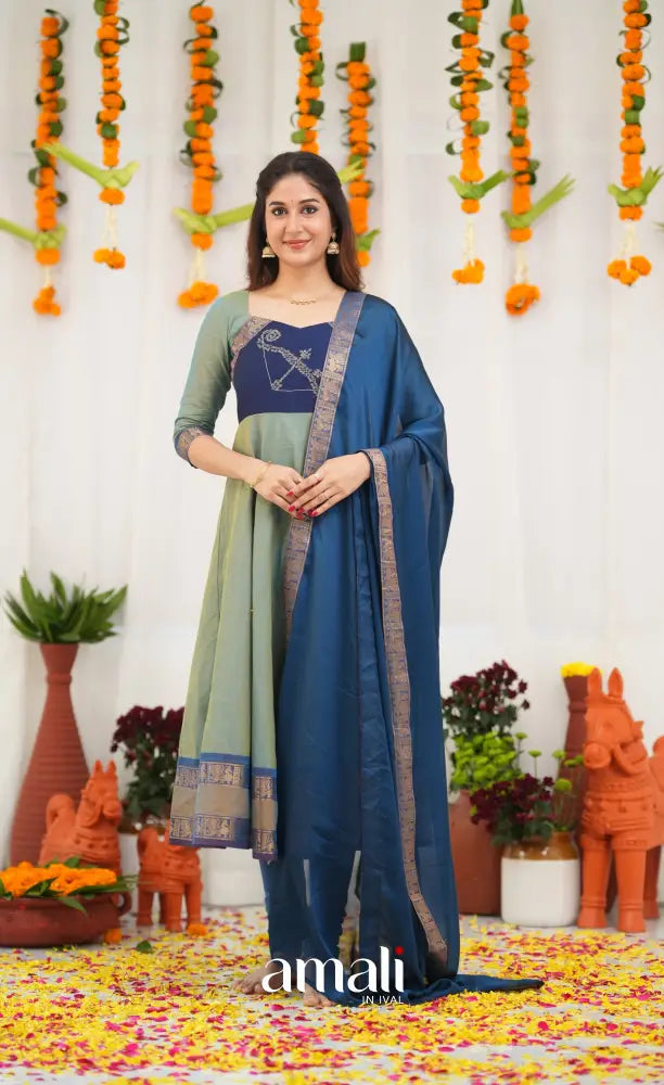 Chettinad Cotton Anarkali - Two Tone Sea Blue and Blue Anarkalis