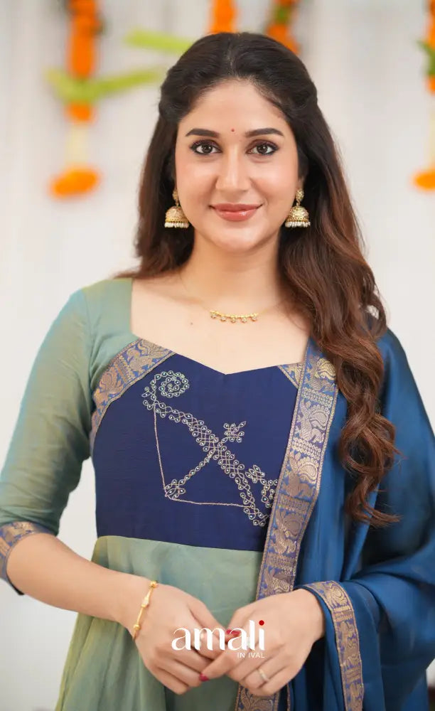 Chettinad Cotton Anarkali - Two Tone Sea Blue and Blue Anarkalis