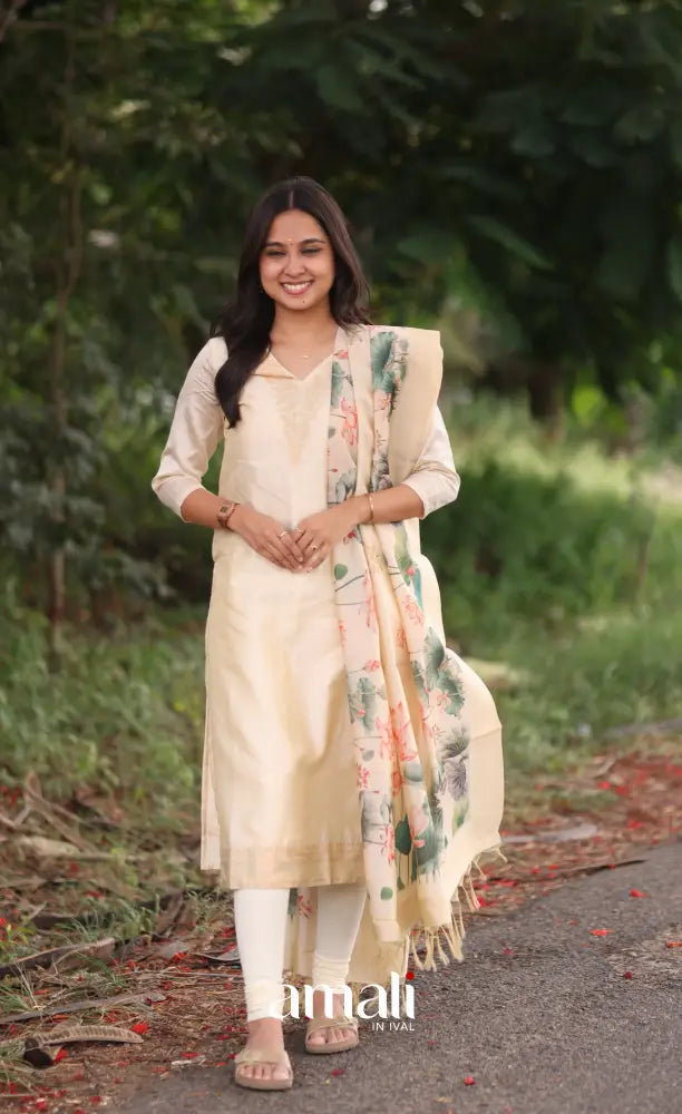 Cream and Green Blended Silk Salwar - salwar