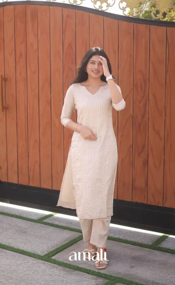 Creamish white and Light brown Semi Tussar Salwar - salwar