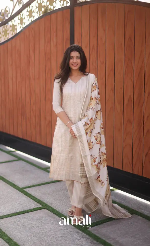 Creamish white and Light brown Semi Tussar Salwar - salwar