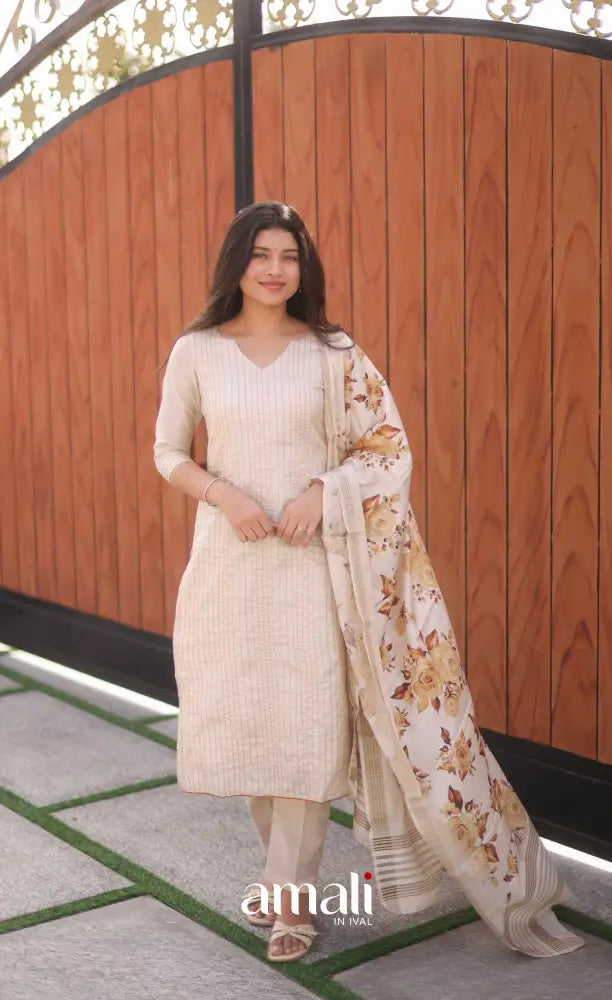 Creamish white and Light brown Semi Tussar Salwar - salwar