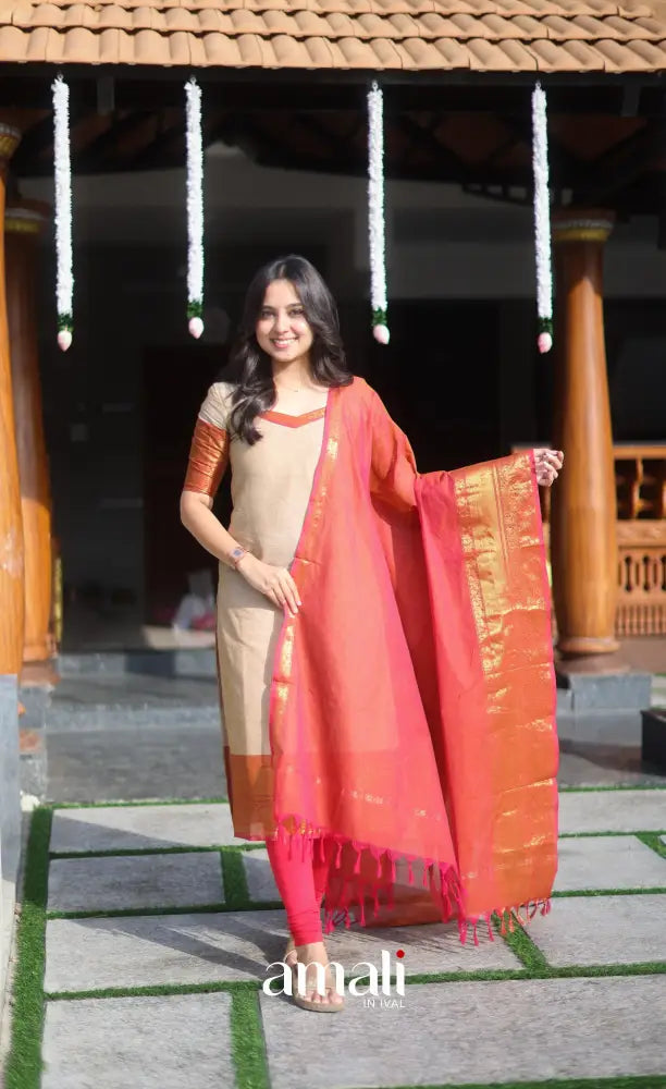 Dark beige and Deep red Chettinad Cotton Salwar Set - salwar