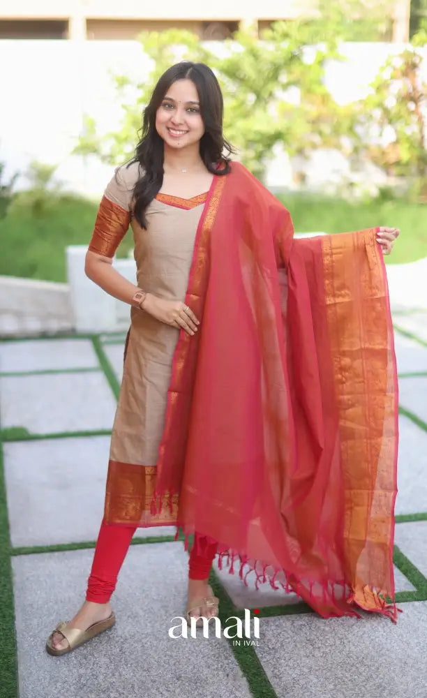 Dark beige and Deep red Chettinad Cotton Salwar Set - salwar