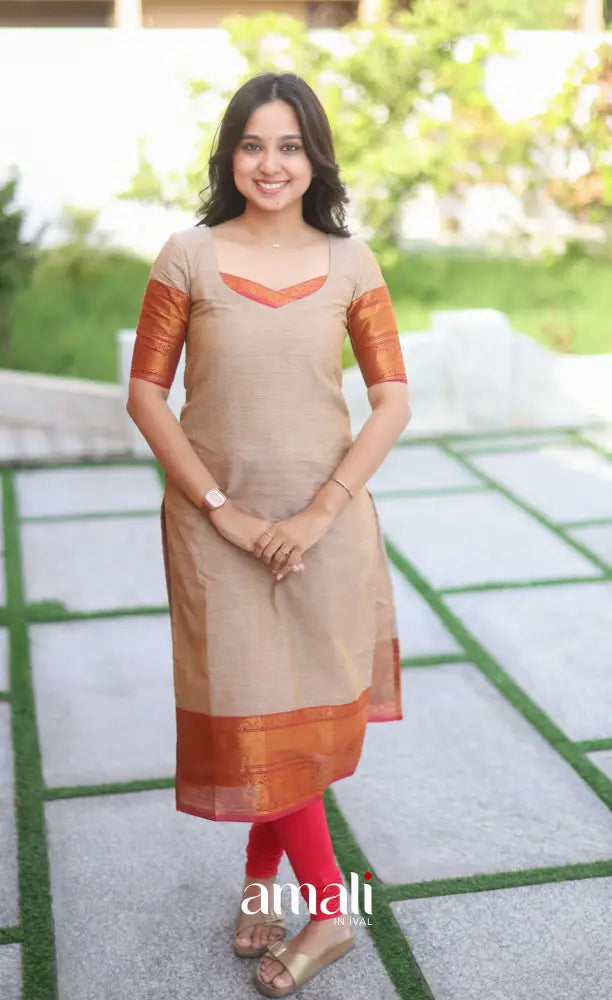 Dark beige and Deep red Chettinad Cotton Salwar Set - salwar
