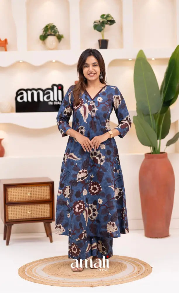 Dark blue and Beige Jaipur Print Cotton A-line Top and Pant - salwar