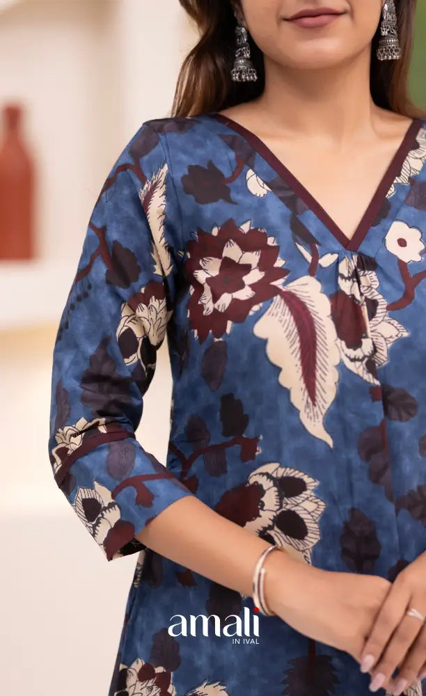 Dark blue and Beige Jaipur Print Cotton A-line Top and Pant - salwar