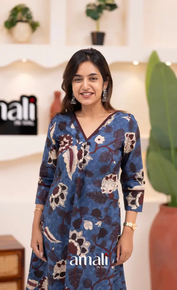 Dark blue and Beige Jaipur Print Cotton A-line Top and Pant - salwar