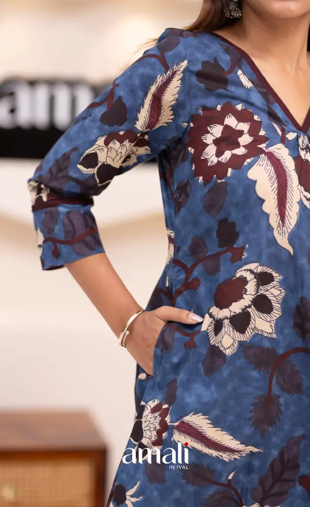 Dark blue and Beige Jaipur Print Cotton A-line Top and Pant - salwar