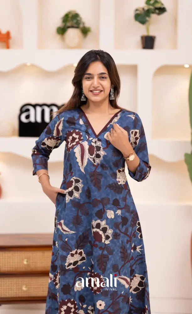 Dark blue and Beige Jaipur Print Cotton A-line Top and Pant - salwar