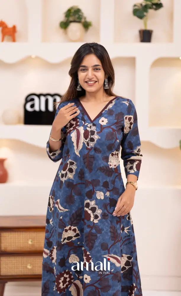 Dark blue and Beige Jaipur Print Cotton A-line Top and Pant - salwar
