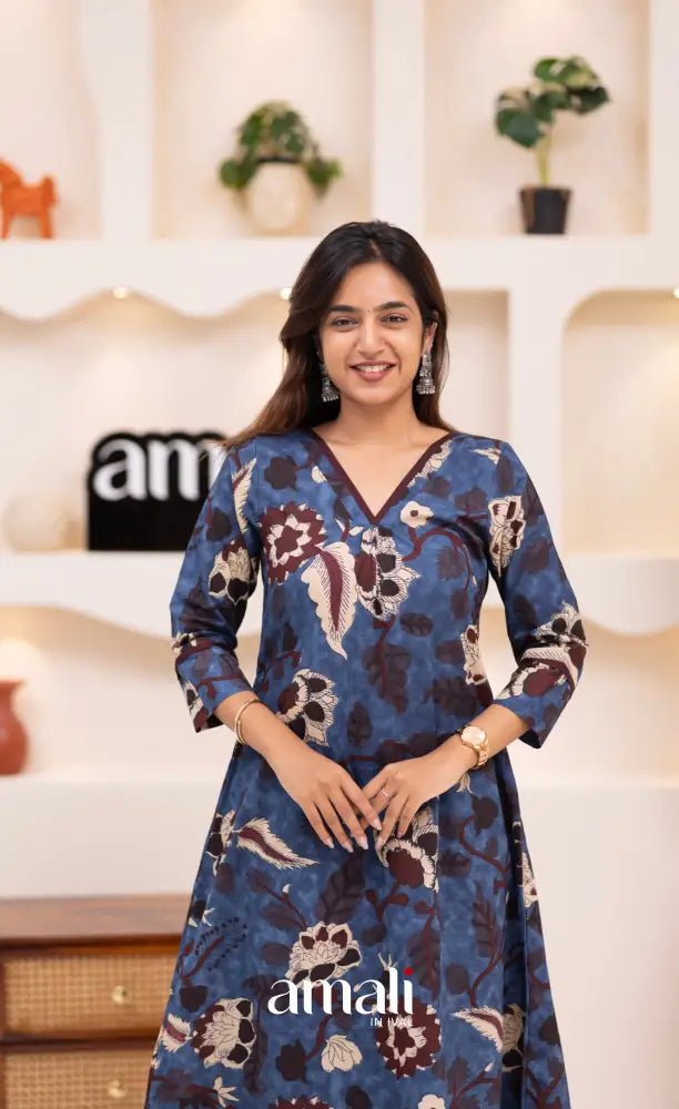 Dark blue and Beige Jaipur Print Cotton A-line Top and Pant - salwar