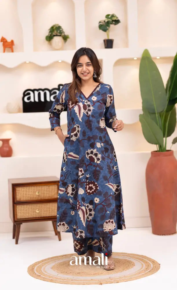 Dark blue and Beige Jaipur Print Cotton A-line Top and Pant - salwar