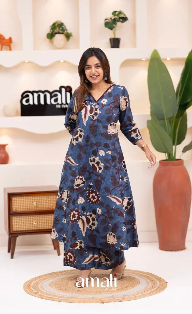 Dark blue and Beige Jaipur Print Cotton A-line Top and Pant - salwar