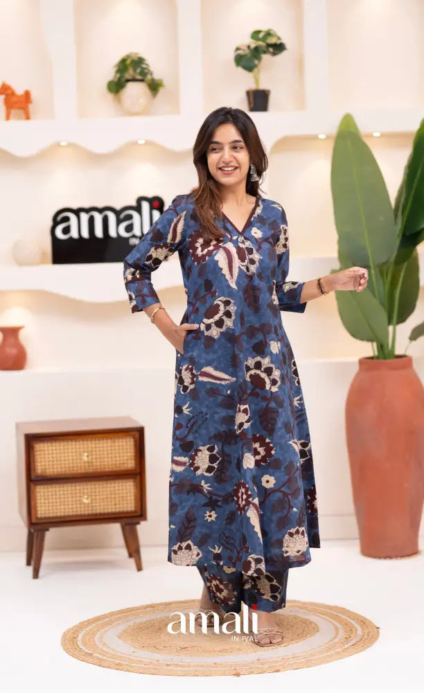 Dark blue and Beige Jaipur Print Cotton A-line Top and Pant - salwar