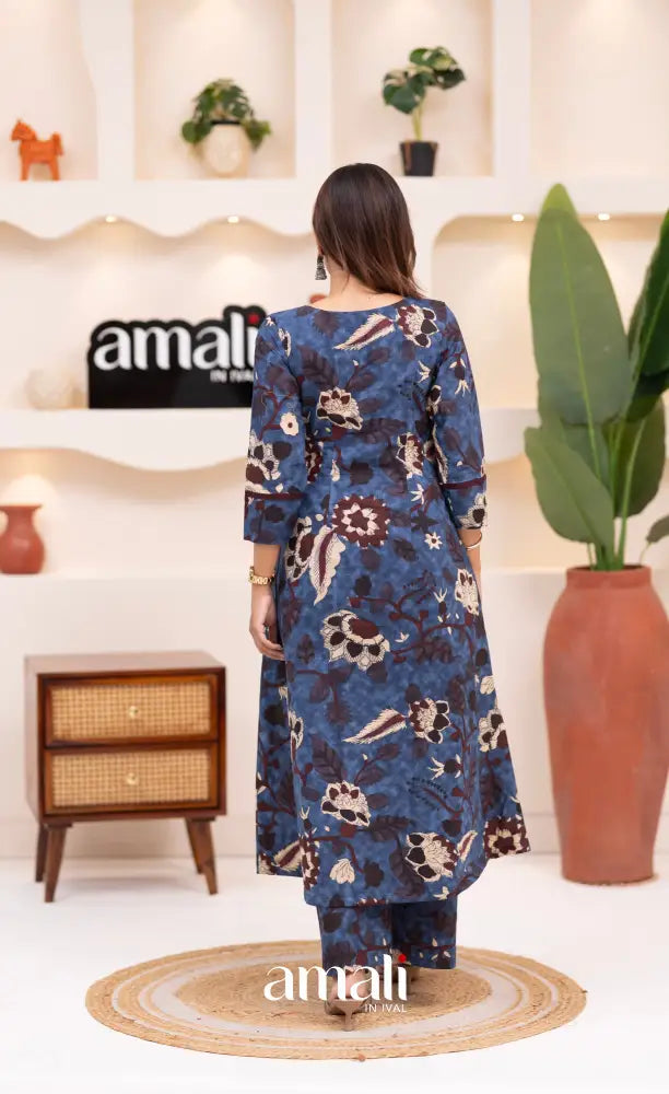 Dark blue and Beige Jaipur Print Cotton A-line Top and Pant - salwar
