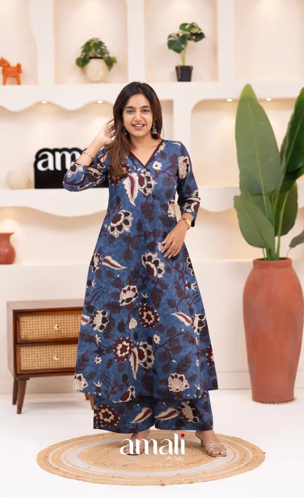 Dark blue and Beige Jaipur Print Cotton A-line Top and Pant - salwar