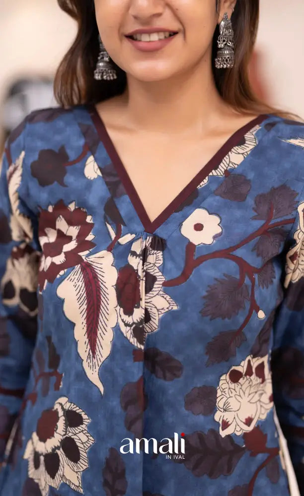 Dark blue and Beige Jaipur Print Cotton A-line Top and Pant - salwar