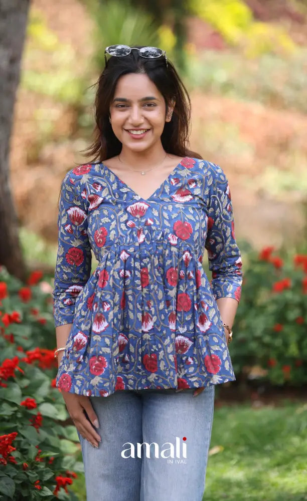 Dark blue and Red Jaipur Hand Block-Printed Short Top - salwar