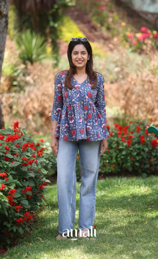 Dark blue and Red Jaipur Hand Block-Printed Short Top - salwar
