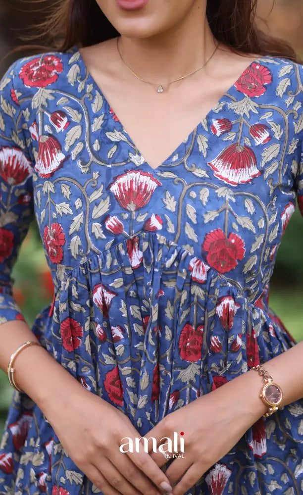 Dark blue and Red Jaipur Hand Block-Printed Short Top - salwar