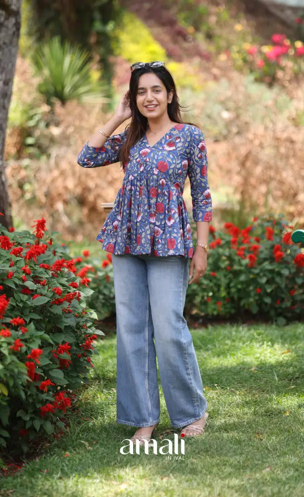 Dark blue and Red Jaipur Hand Block-Printed Short Top - salwar