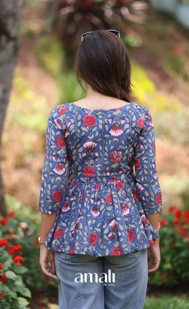 Dark blue and Red Jaipur Hand Block-Printed Short Top - salwar