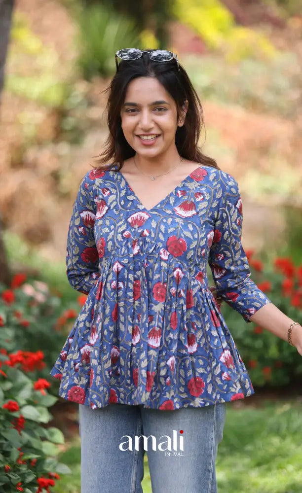 Dark blue and Red Jaipur Hand Block-Printed Short Top - salwar