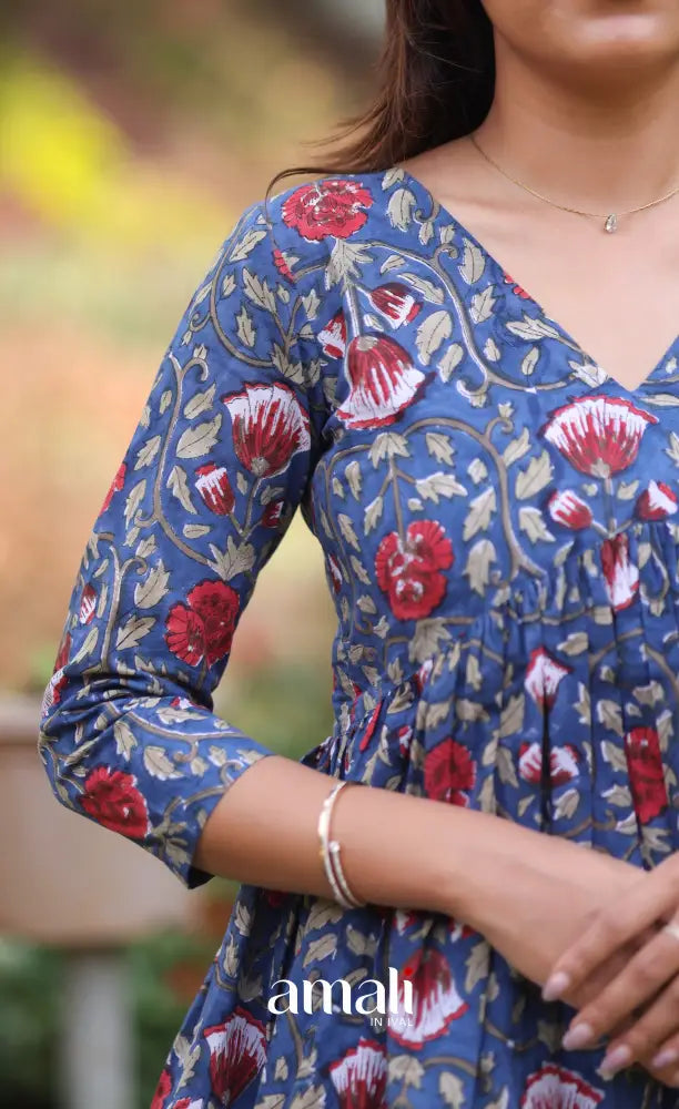 Dark blue and Red Jaipur Hand Block-Printed Short Top - salwar