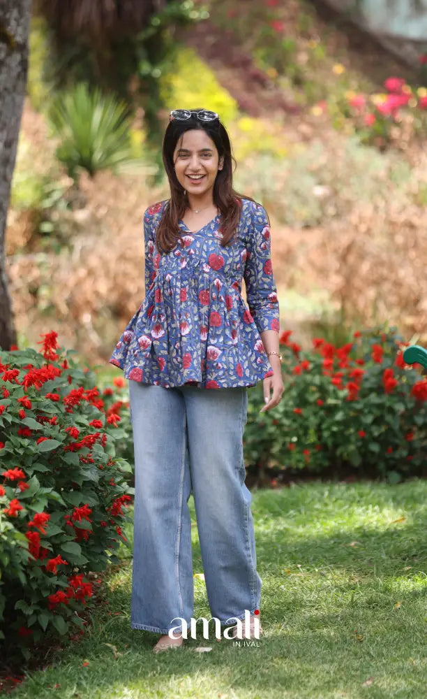 Dark blue and Red Jaipur Hand Block-Printed Short Top - salwar