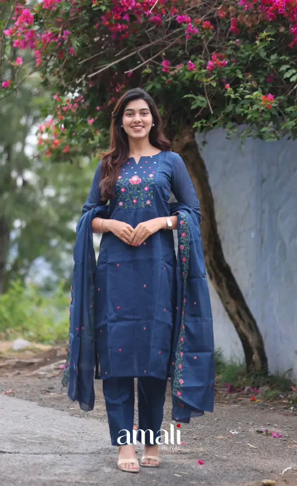 Dark Blue Embroidered Kota Salwar Set - salwar
