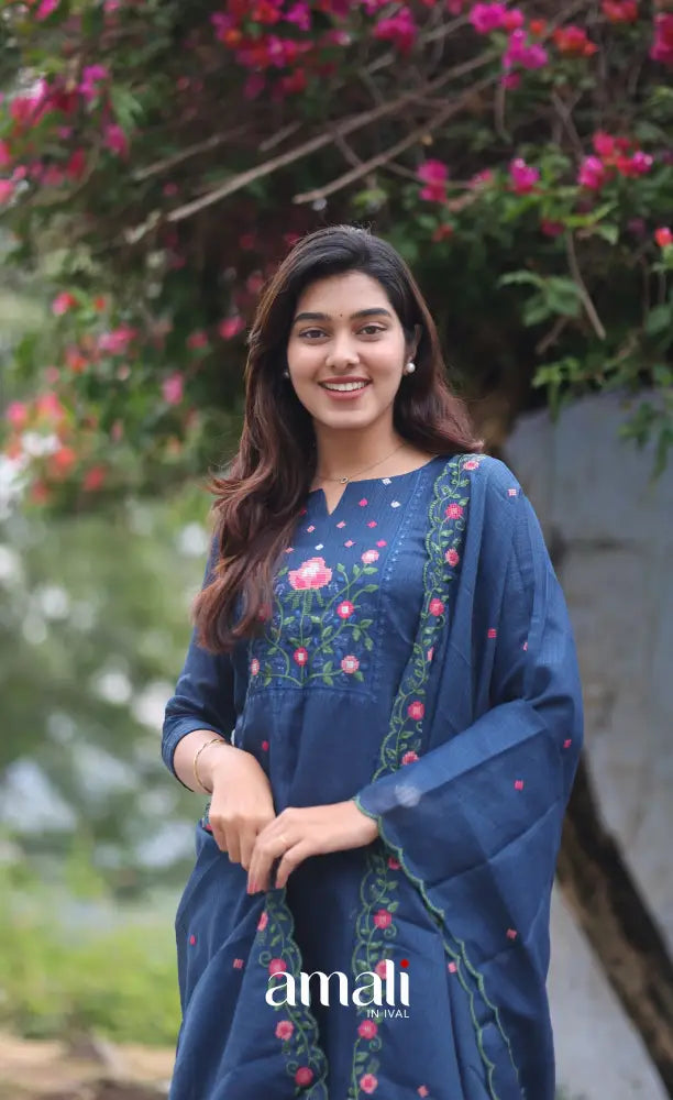 Dark Blue Embroidered Kota Salwar Set - salwar
