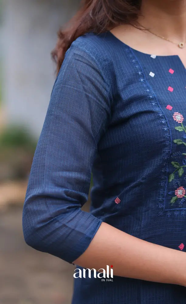 Dark Blue Embroidered Kota Salwar Set - salwar
