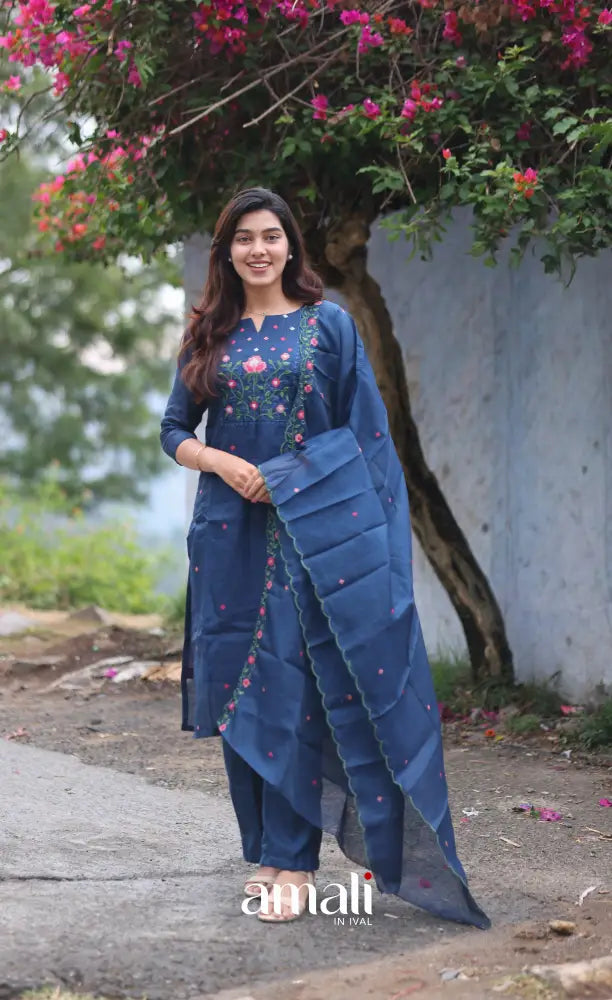 Dark Blue Embroidered Kota Salwar Set - salwar
